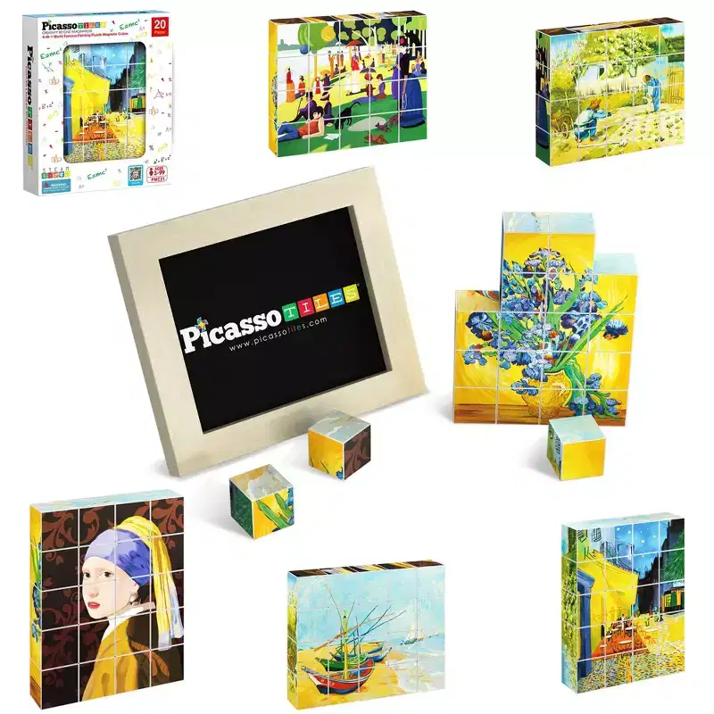 PICASSO-TILES 20PCS 1 Magnetic Puzzle Building Cubes of Famous World Art with Free Frame, STEAM Educational Toy for Kids Toddlers Age 3+