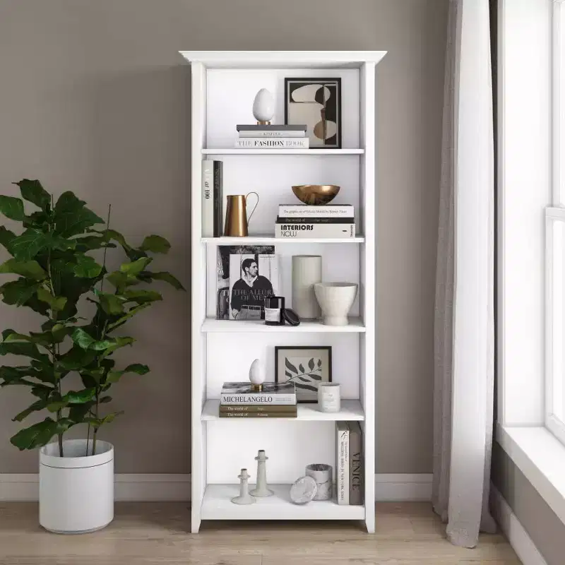 70" Five-Shelf Solid Wood Bookcase - Lacquered Pine, 4 Adjustable Shelves