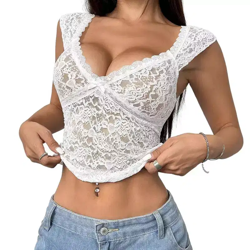 Garvee Women's Lace Sleeveless Tank Top Deep V-Neck Sheer Floral Crop Cami Top Casual Summer Lightweight Blouse