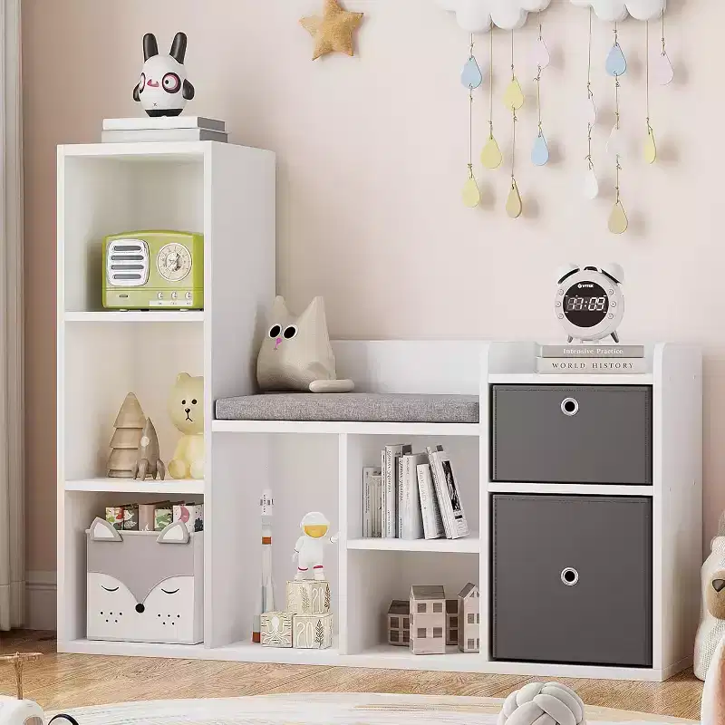 44 Inch Kids Bookshelf and Toy Storage with Reading Nook & Seat Cushion,Toy Storage Organizer with 6 Cubby and 2 Extra Drawers,for Playroom Kid Room