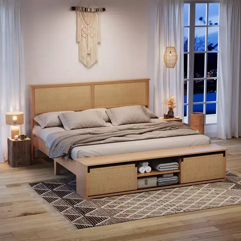 Natural Rattan Platform Bed Frame with Storage Bench and LED Lighting
