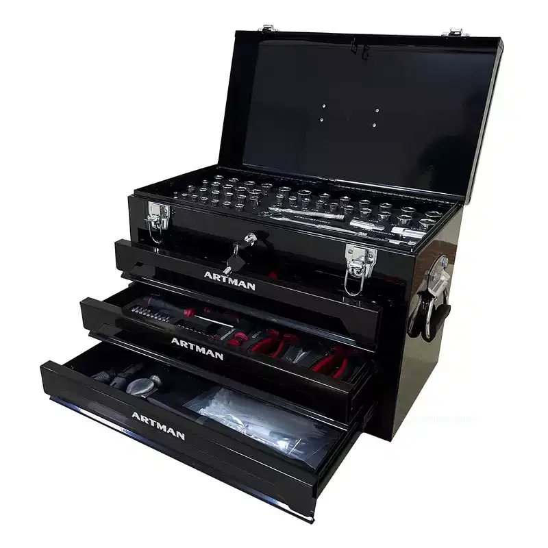 3 Drawers Tool Box With Tool Set,Top Storage, Metal Toolbox Portable Tool Chest Organizer,Lockable With Ball-Bearing Drawer Slides