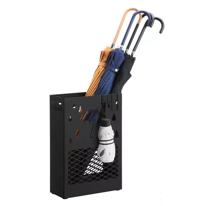 SONGMICS Metal Umbrella Stand, Rectangular Umbrella Holder Rack, with a Removable Drip Tray, 4 Hooks, Cutout Design, for Entryway, Office, Black