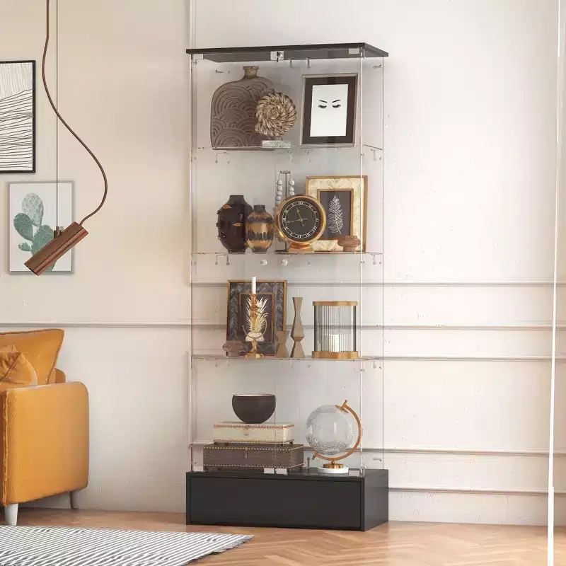 Tall Glass Door Display Cabinet 2-Door 1-Drawer 4 Shelves Black Wood 70.9" Curio