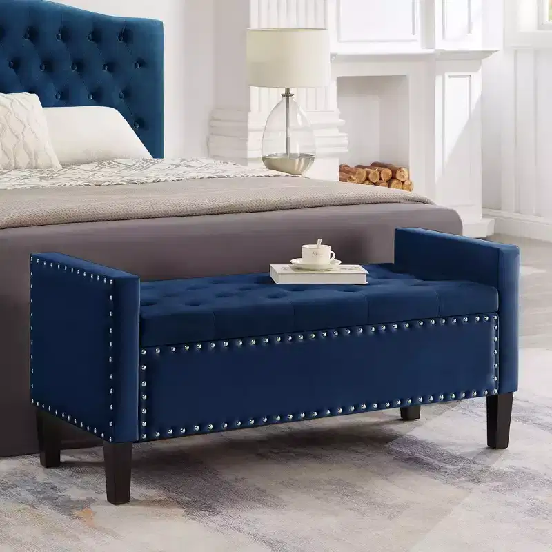 Tufted Button Storage Bench with Nails Trim & Armrests &ndash; Navy
