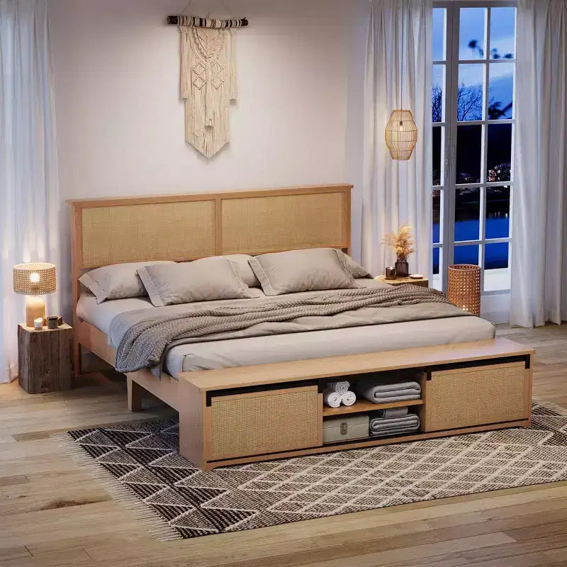Natural Rattan Platform Bed Frame with Storage Bench and LED Lighting