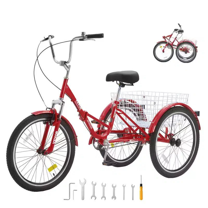 VEVOR Folding Adult Tricycle, 24-Inch Adult Folding Trikes, Carbon Steel 3 Wheel Cruiser Bike with Large Basket & Adjustable Seat