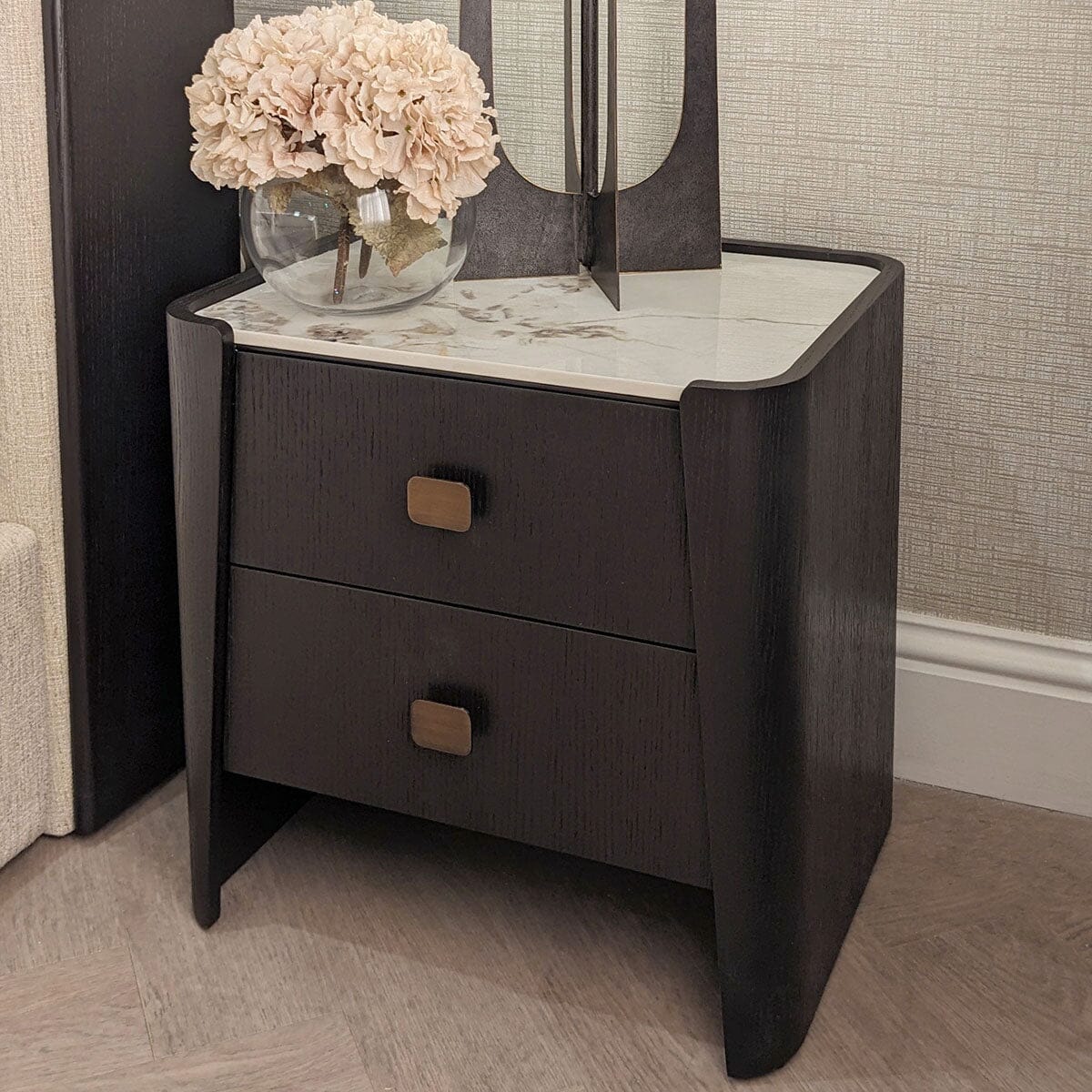 Deep Brown Wooden 2 Drawer Bedside Table with Faux Marble Top