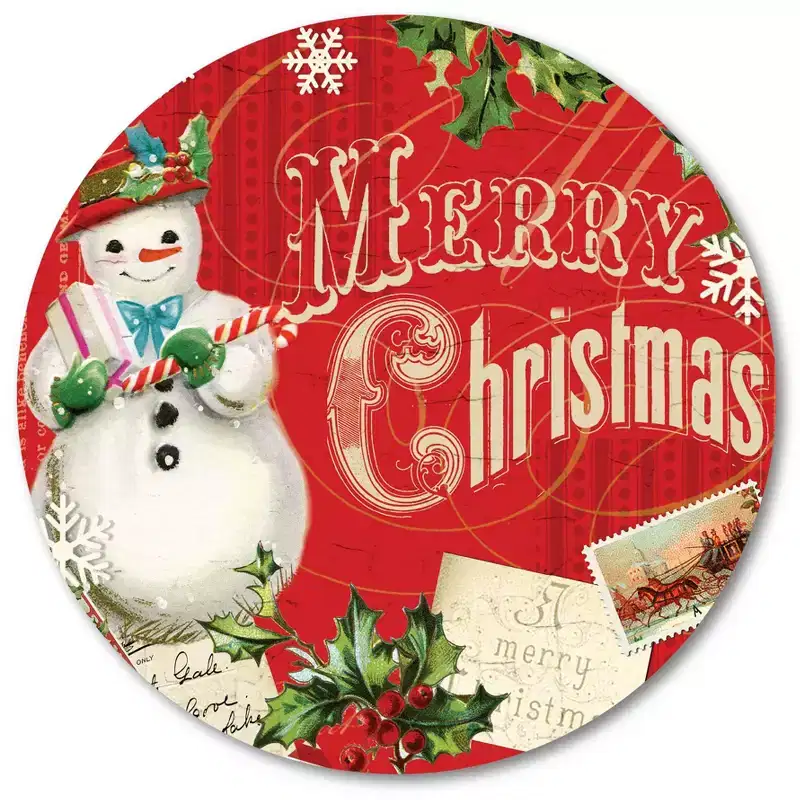 Merry Christmas Snowman Circular Wood Dcor