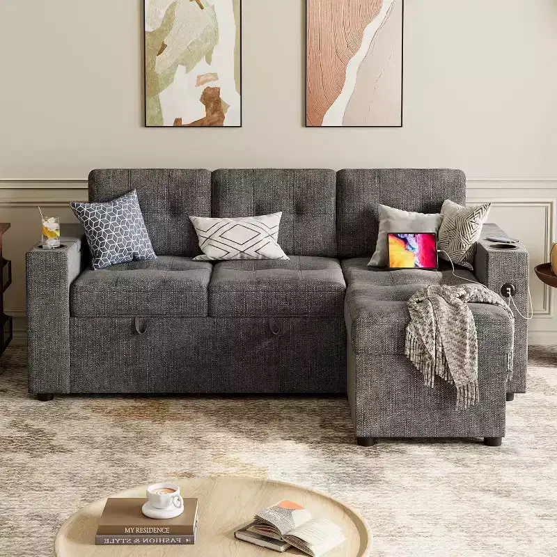 Sleeper Sofa, 84 Inch Sofa Bed with 2 Charging Ports, L Shaped Couch with 2 Storage Armrest and 2 Cup Holders, 2 Charging Ports