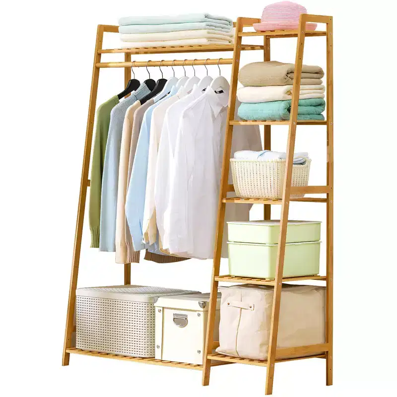 NAYSAYE Bamboo Garment Rack Clothes Hanger with Shoe Storage and Wardrobe Shelves for Living Room Bedroom Entryway Hall, Natural, 43.3*15.7*55.1