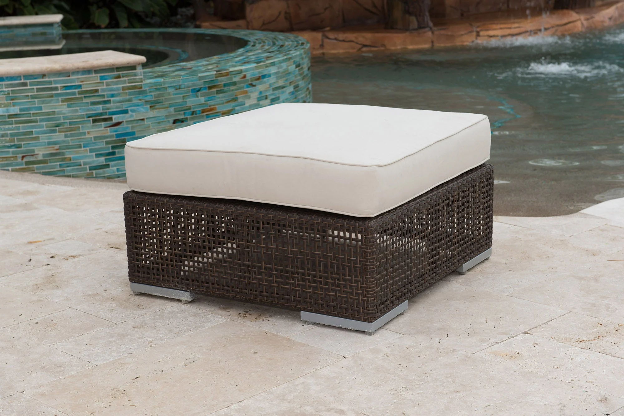 Outdoor Wicker Ottoman with Beige Cushion Dark Brown Rattan Patio Footrest