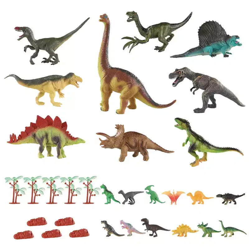 PICASSO-TILES 32PCS Dinosaur Action Figures Playset with Foldable Play Mat, Trees, Rocks & Educational Dinosaur Book for Kids