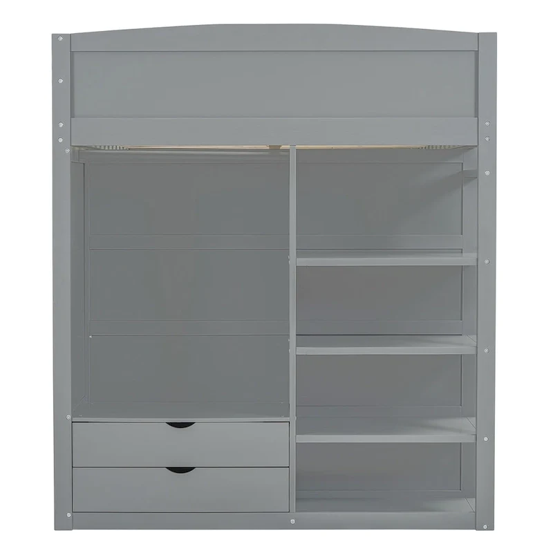 Gray Full Size Solid Wood Loft Bed with Desk, Wardrobes and Shelves