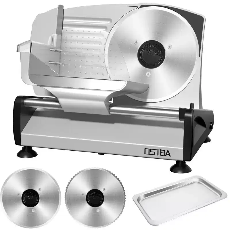 OSTBA 200W Electric Meat Slicer, Dual 7.5 Stainless Steel Blades, Quiet DC Motor, 0-15mm Adjustable, Easy to Clean for Meat, Cheese, Bread & Veggies