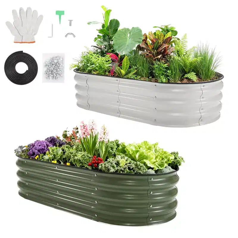 4X2x1Ft Galvanized Raised Garden Bed Kit, 2pcs Metal Raised Garden Bed, Oval Planter Box with Open-Ended Base for Vegetables, Flowers, Green+white
