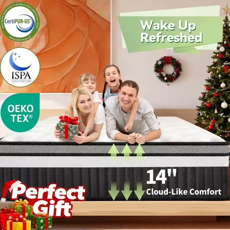 Queen Mattress in a Box, 14in Queen Size Mattress, Memory Foam Mattress with Cooling Gel, Pocket Springs for Motion Isolation