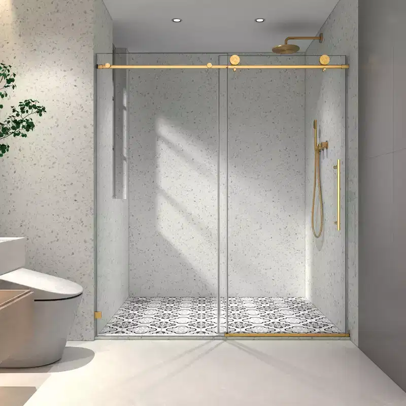 PexFix 76 in.x 60 in. Frameless Single Sliding Shower Door 8mm Tempered Glass With Adjustable Soft Closing Design for Spa Bathroom Brushed Gold