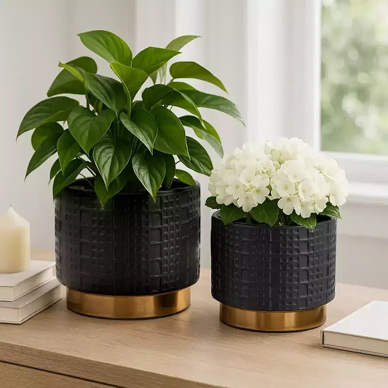 Textured Ceramic Flower Pots for Home Decor - Decorative Plant Pots for Garden, Patio Accent, or Plant Stand Indoor - Set of 2, 7, 5, Black & Gold