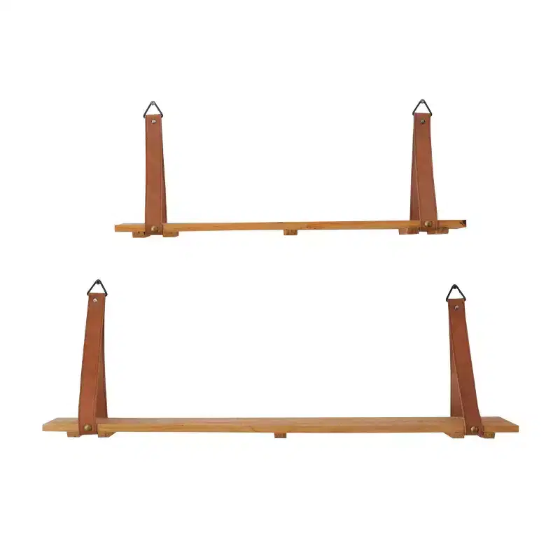 Set of 2 Wood 2 Wall Shelves with Faux Leather Straps Brown - CosmoLiving by Cosmopolitan: Contemporary Floating Storage, No Assembly Required