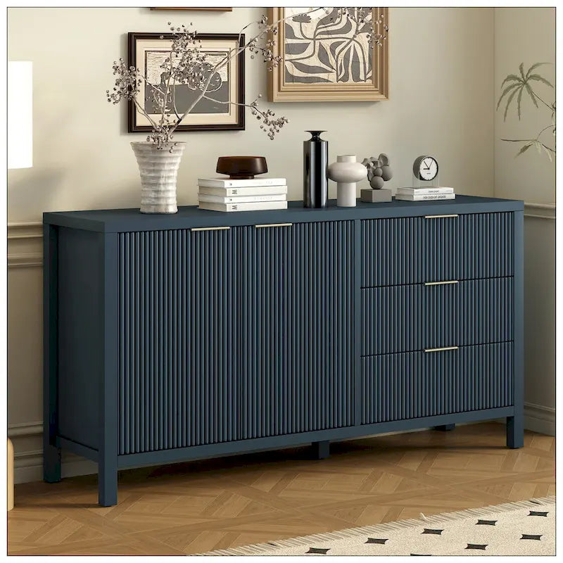 Wave-Pattern Sideboard &ndash; Navy Blue, MDF, Acacia Wood Legs, Aluminum Handles, 2 Doors & 3 Drawers