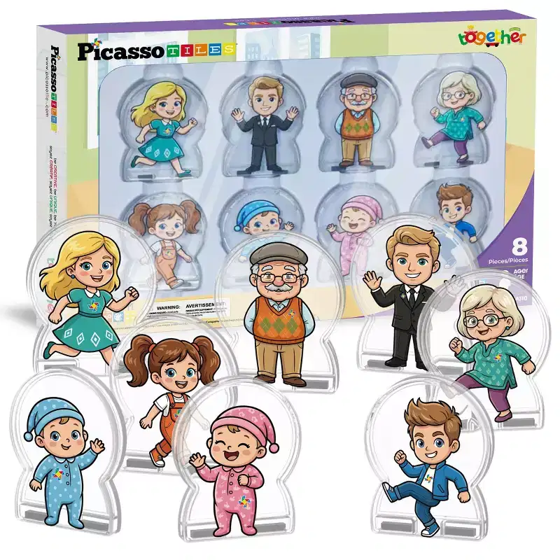 PicassoTiles 8pc Family Character Action Figures Set, Magnetic Tiles Building Blocks Accessories, STEM Educational Pretend Play Toy for Kids Ages 3+