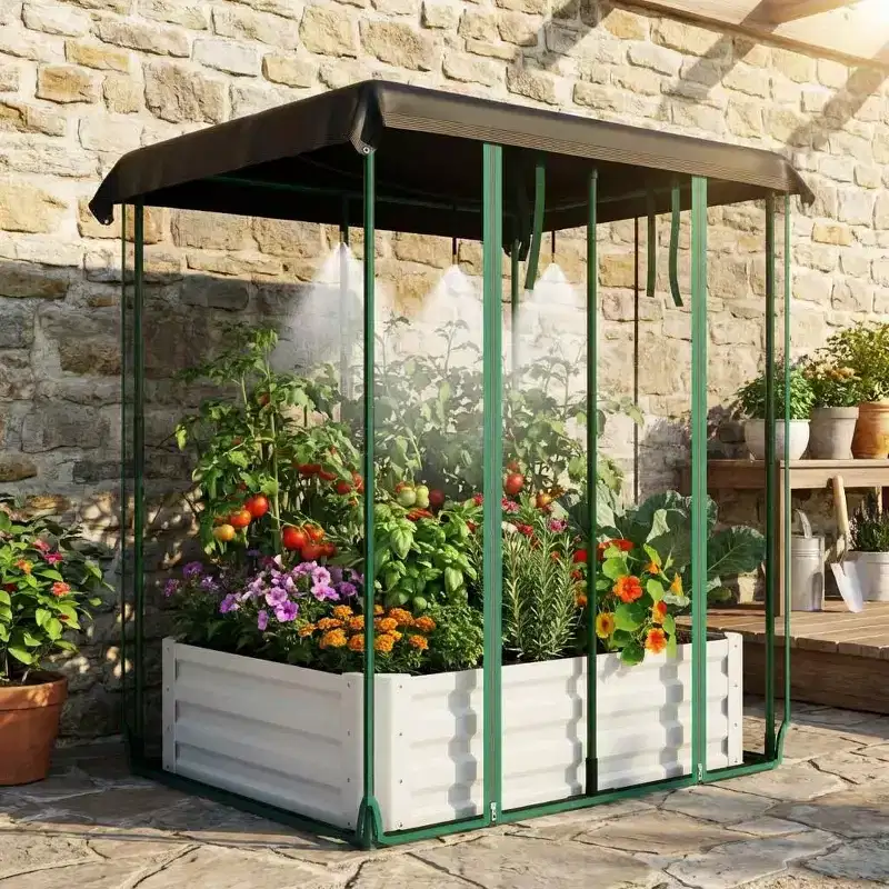 Galvanized Raised Garden Bed with Self-Watering System and Mesh Cover for Vegetables Herbs Flowers