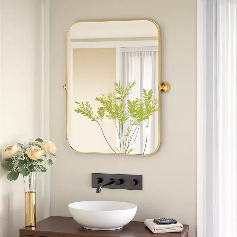 Round Corner Rectangular Gold Wall Mirror �C 36" x 24"