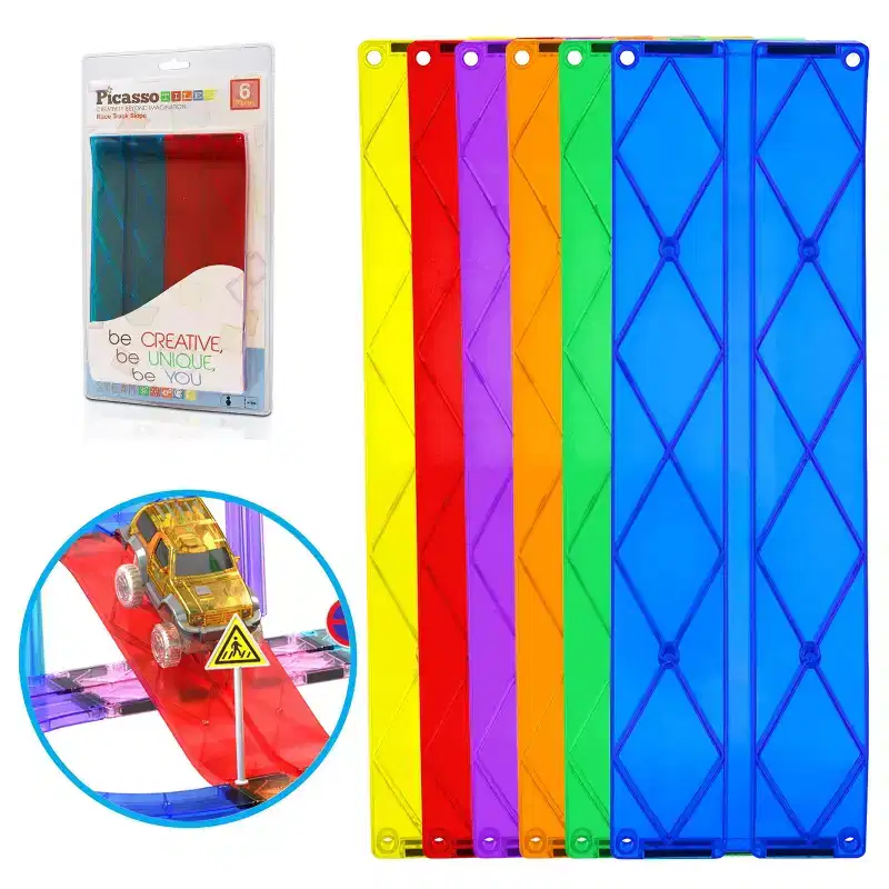 PICASSO-TILES Magnetic Tiles Race Track Expansion Set for Kids  6PCS STEM Construction Building Blocks Add-On Toy with Racing Ramp