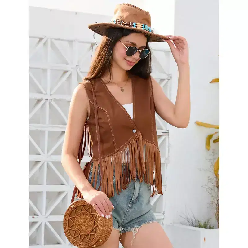 Coolmee Women's Casual Vests Denim Style Vacation Simple Vests Single Button Front Contrast Color Stitching Short Tassel Summer Vests M Rice White