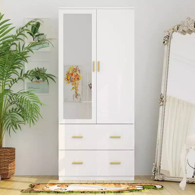 Hitow Armoire Double Drawer Mirrored Door Closet Zoned Storage