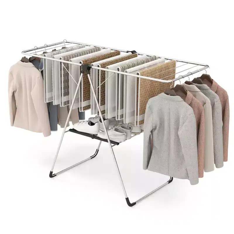 Costway Collapsible Clothes Drying Rack 2-Level Folding Aluminum Drying Rack w/ Height-Adjustable Wings Bottom Shoe Rack