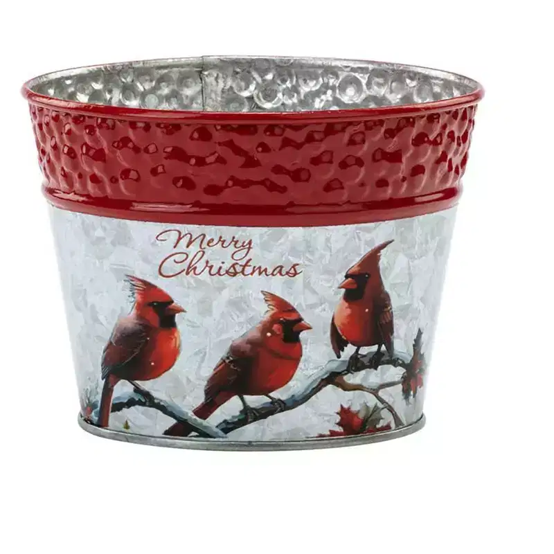 Napco 5 inch Rustic Metal Merry Christmas Cardinals Pot Cover with Indented Red Rim Festive Christmas & Holiday Decor