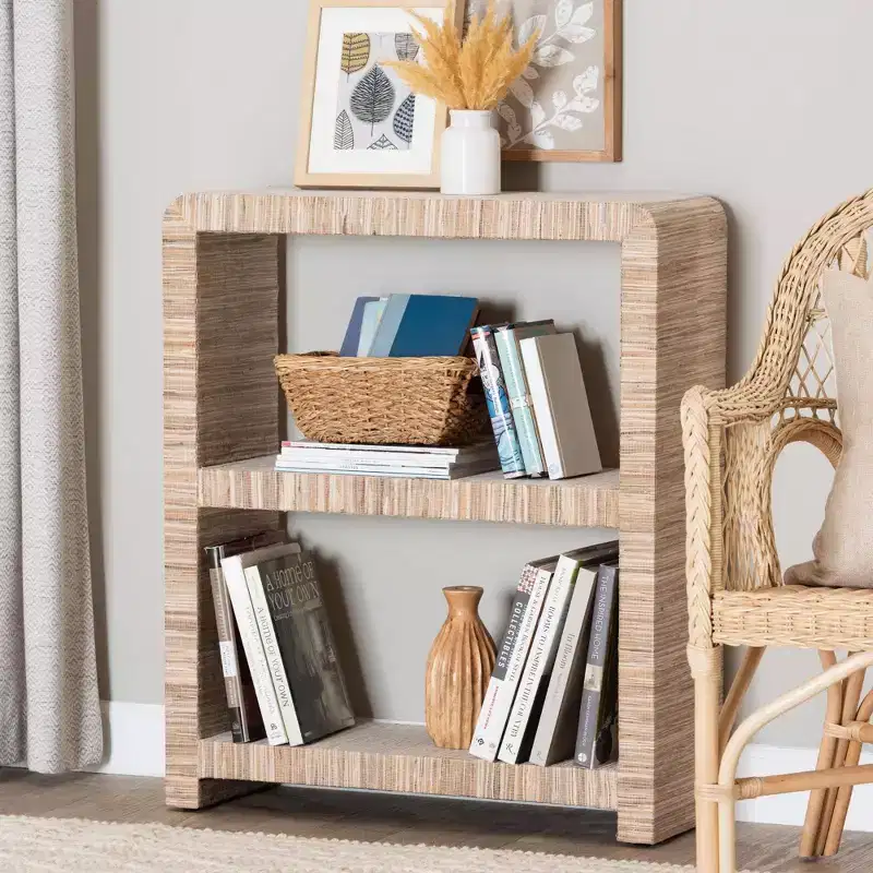 35" Woven Grasscloth Bookshelf &ndash; 2-Shelf Bohemian Display, Natural