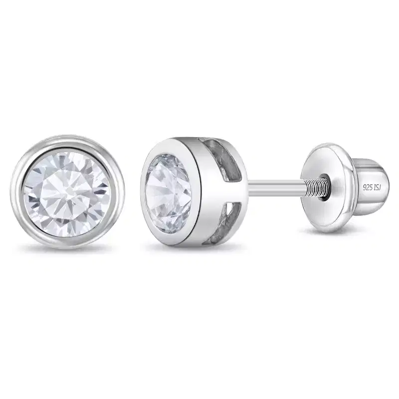 Baby Girls' Round Bezel CZ Screw Back Sterling Silver Earrings - Clear - In Season Jewelry