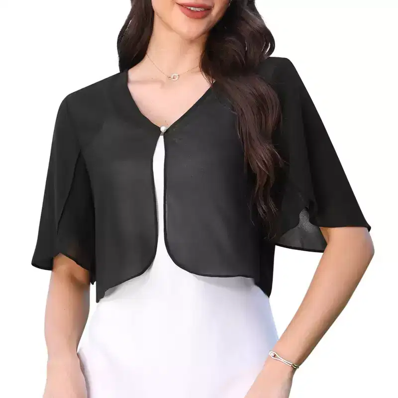 INSPIRE CHIC Women's Collarless Chiffon Bolero Ruffle Short Sleeve Open Front Sheer Cropped Shrug