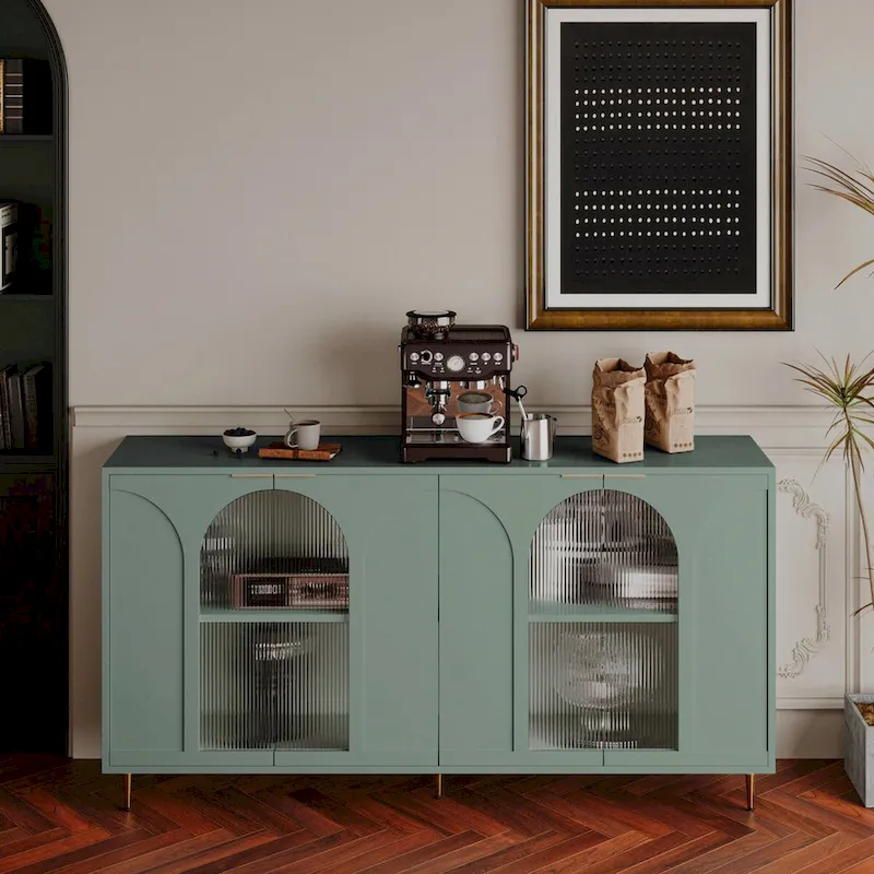Accent Lacquered Wooden Cabinet with 4 Glass Doors, Sideboard Buffet