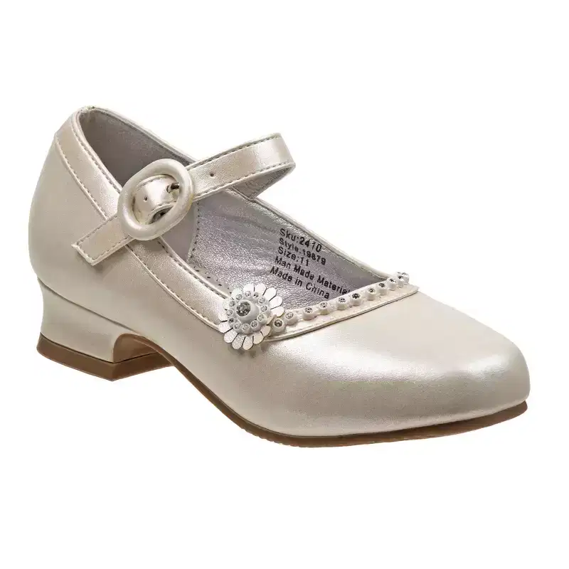 Josmo' Girls' Toddler Dress Shoes - White Flower Mary Jane Style with Low Heel for Wedding Party, Princess Shoes
