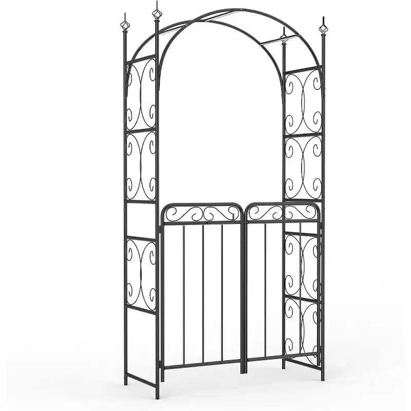 8FT Metal Garden Arch with Double Gates - Outdoor Wedding Arbor, Sturdy Steel Trellis for Climbing Roses, Vines & Flowers