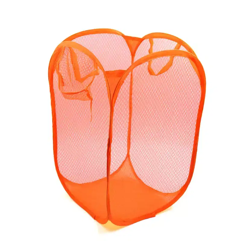 Mesh Bag Foldable Dirty Clothes Storage Laundry Basket Organizer Orange 19.68"