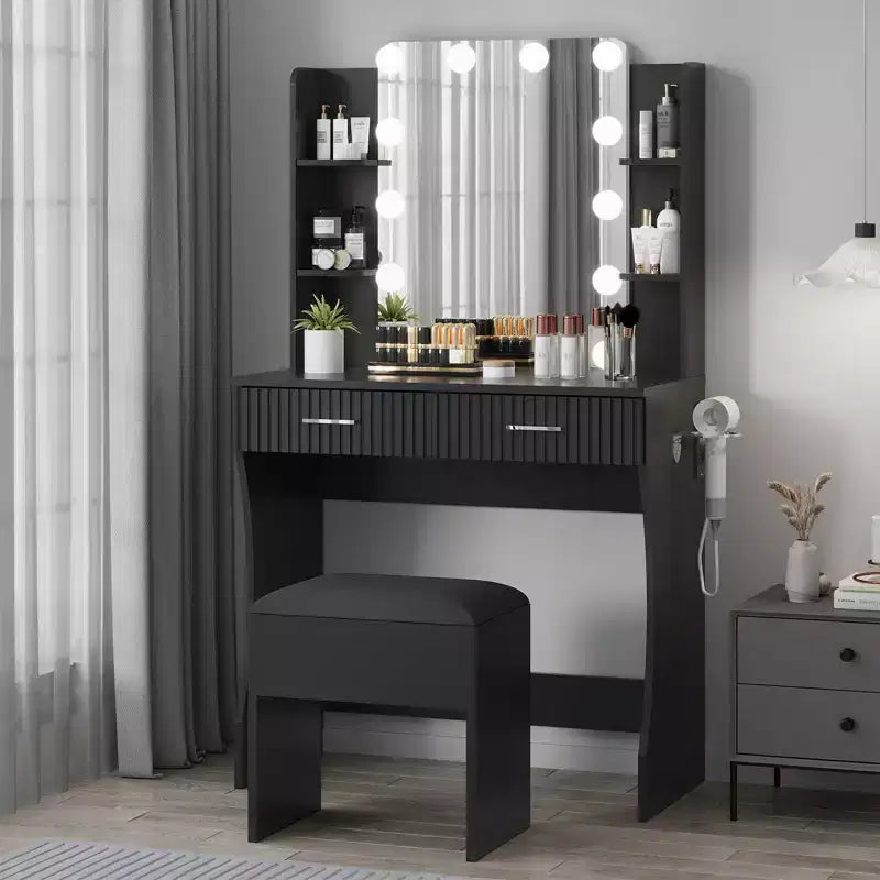 Garvee Makeup Vanity Desk with Mirror and 12 LED Lights, Modern Dressing Table Furniture with Hair Dryer Holder Stool for Bedroom