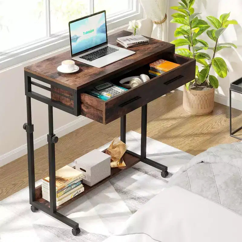 Portable Desk with Drawers �C Mobile Laptop Desk on Wheels for Home Office