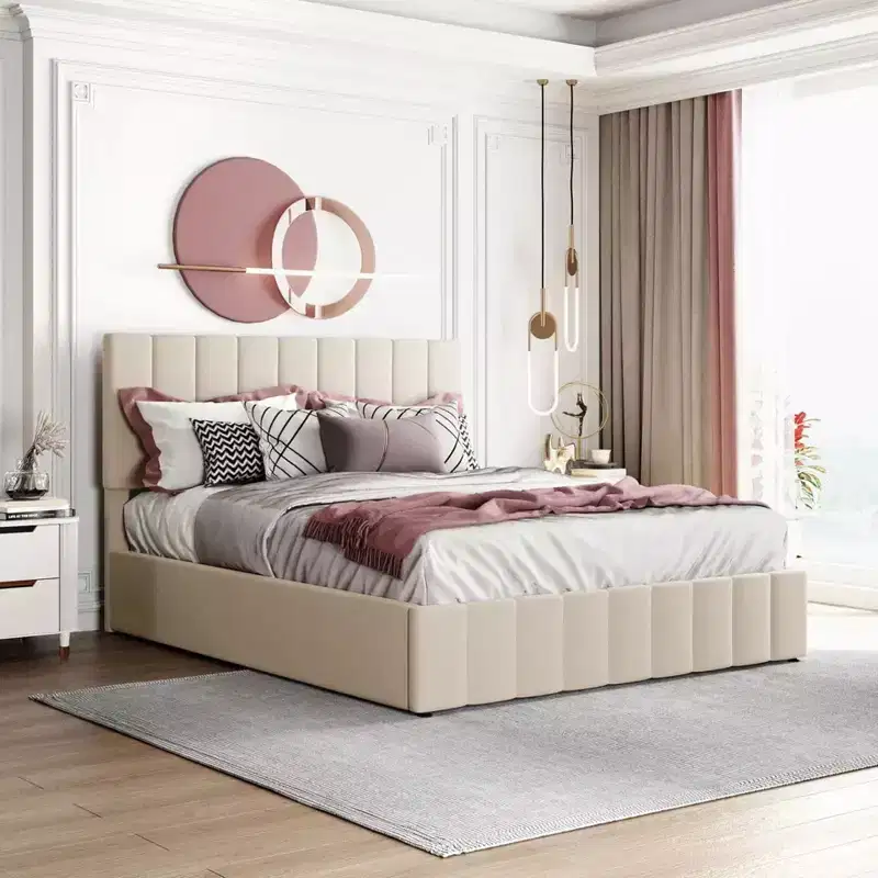 Queen Size Upholstered Platform Bed with Hydraulic Lift and Storage