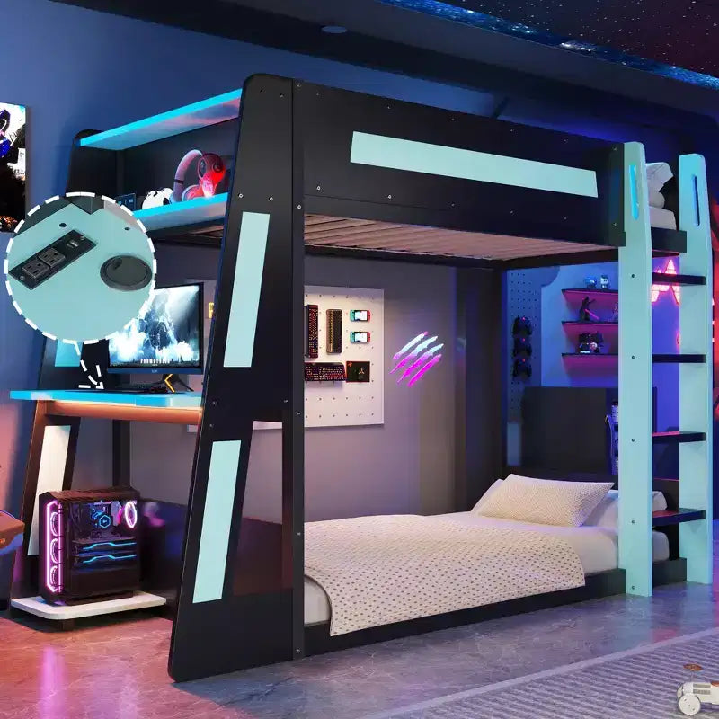 Twin/Full/Queen Gaming Bunk Bed with Built-In Desk, USB Port, LED Lights & Storage Shelves