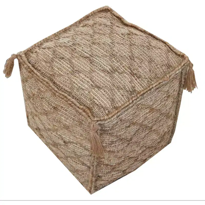 18" Brown Jute Cube Trellis Pouf Ottoman, Boho Accent Footrest