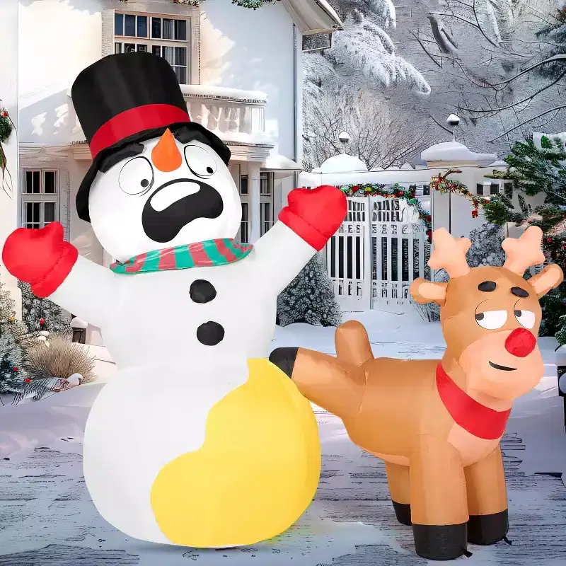 6.6 ft Long Reindeer Peeing on Snowman Inflatable Decoration