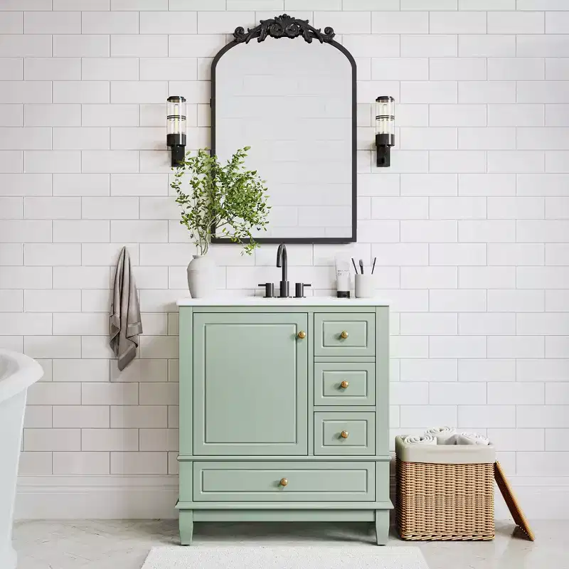 30 inch Light Green Bathroom Vanity with Sink and Iron Arched Mirror Cabinet, One Door with Shelf and Three Drawers