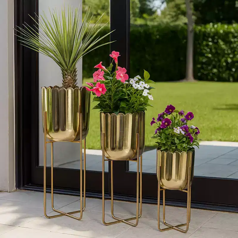 Planters and Flower Pots for Home Decor - Metal Plant Stands with Scallop Design for Indoor and Outdoor Use - Set of 3 - 27, 20, 15 Gold