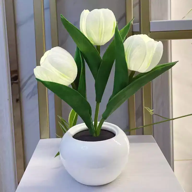 Tulip Night Light, LED Simulation Tulip Night Light Bouquet 3 Heads with Ceramic Vase Bedroom Bedside Lamp for Home Living Room Desktop Decor