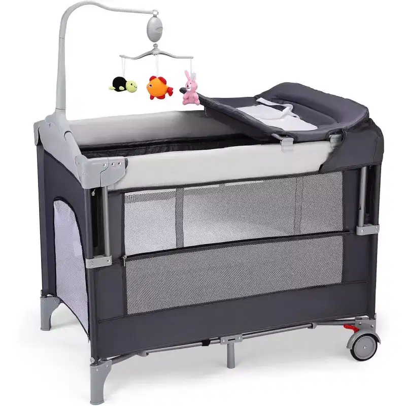 JOYMOR 5 in 1 Pack and Play with Bassinet, Diaper Changing Table for Newborn Infant, Portable Baby Playpen for Babies and Toddlers (Gray)